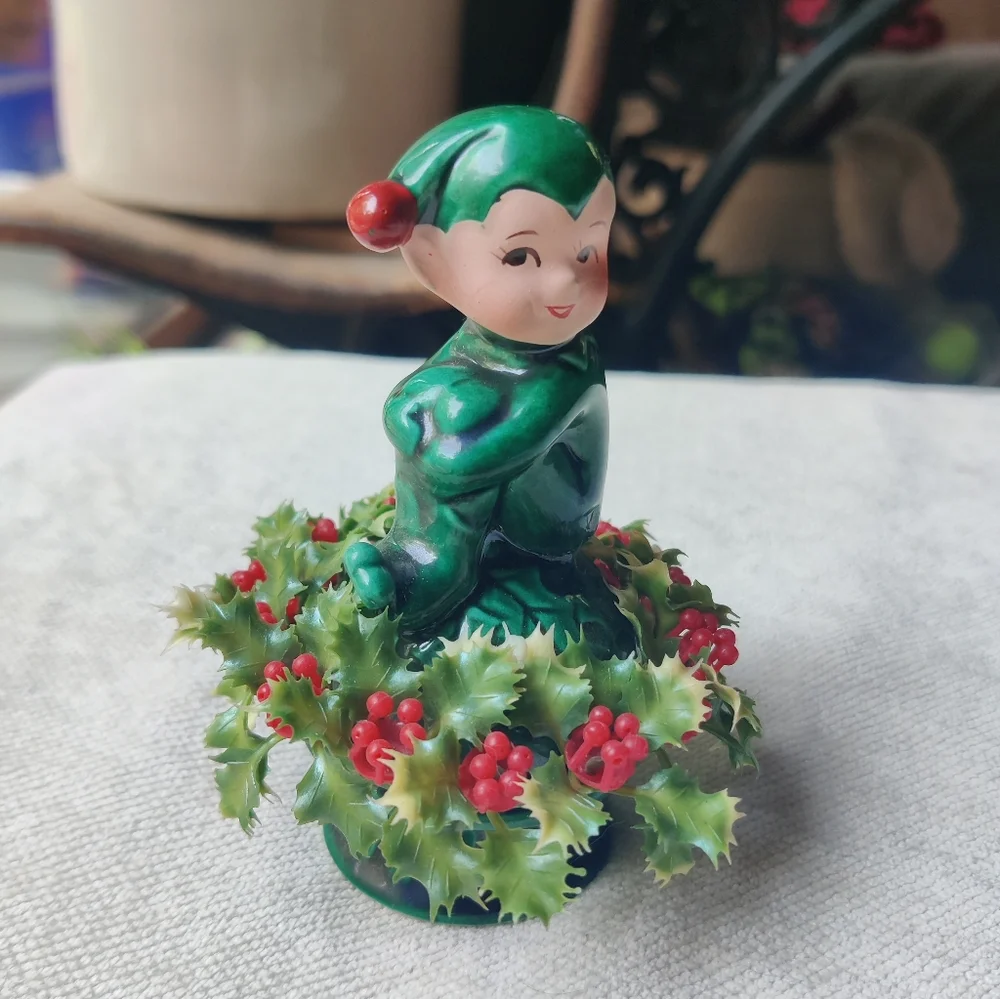 Vintage Inarco Christmas Pixie Elf on Holly Berry Figurine 4.5